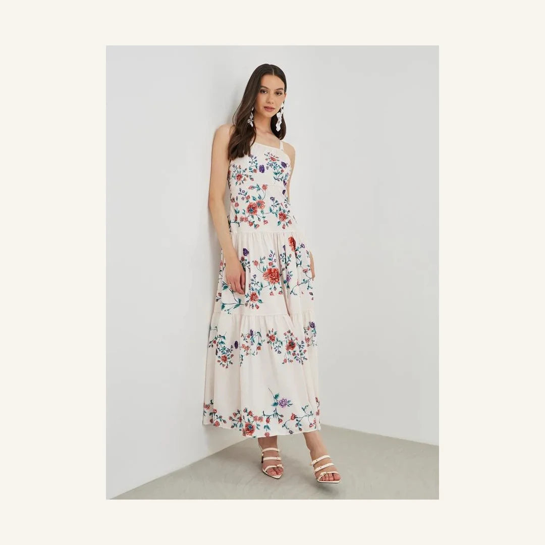 off white floral print sleeveless tiered midi dress with square neck