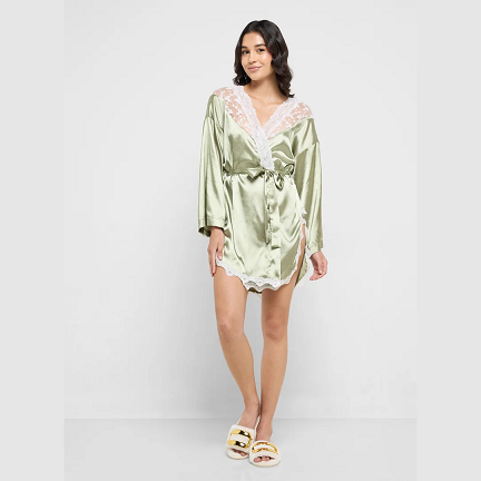 Ginger Green Satin Robe with Lace Detailing – Elegant Women’s Sleepwear