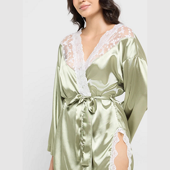 Ginger Green Satin Robe with Lace Detailing – Elegant Women’s Sleepwear