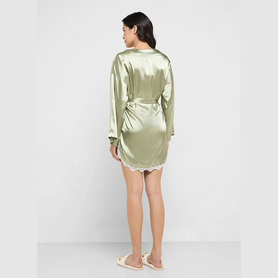 Ginger Green Satin Robe with Lace Detailing – Elegant Women’s Sleepwear