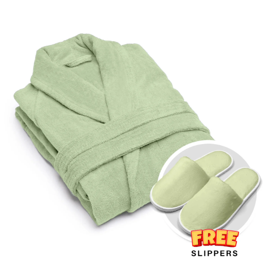 Premium 100% Pure Cotton Terry Bathrobe with Pockets, 5 Colors One Size Fits All with Free Bath Slippers