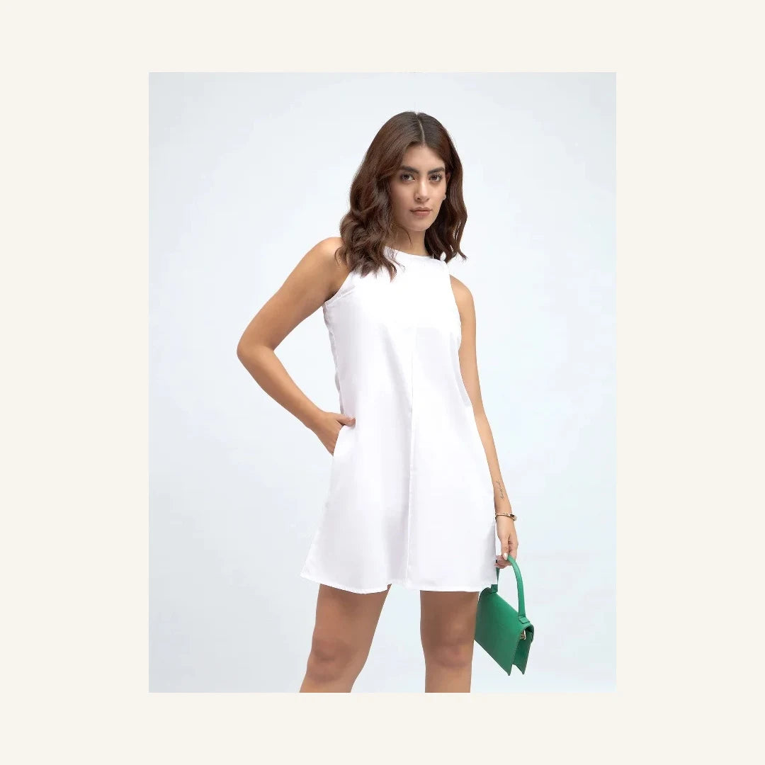 white sleeveless round neck a-line mini dress for women