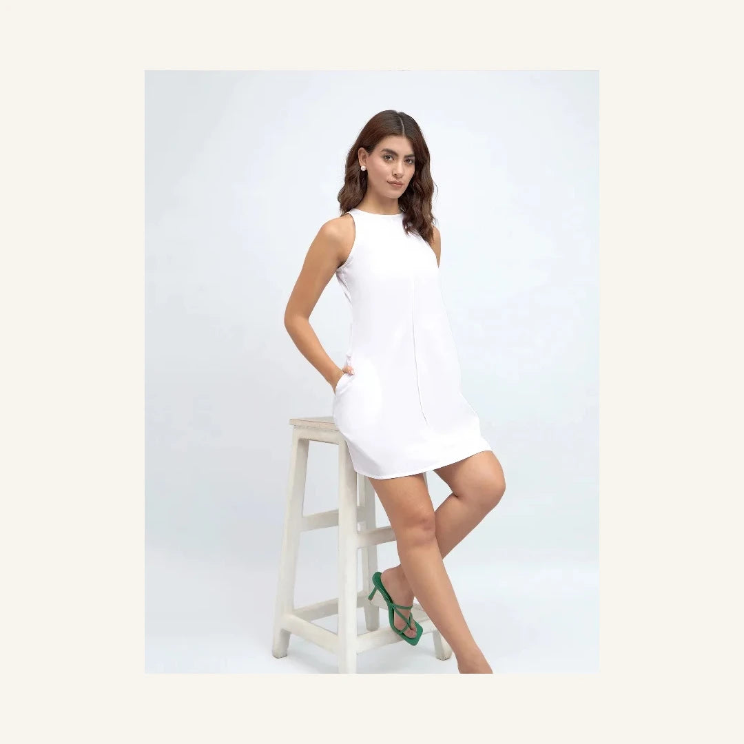 white sleeveless round neck a-line mini dress for women