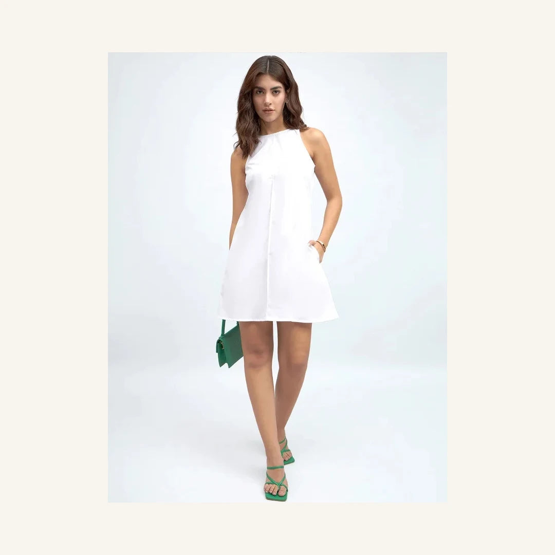 white sleeveless round neck a-line mini dress for women