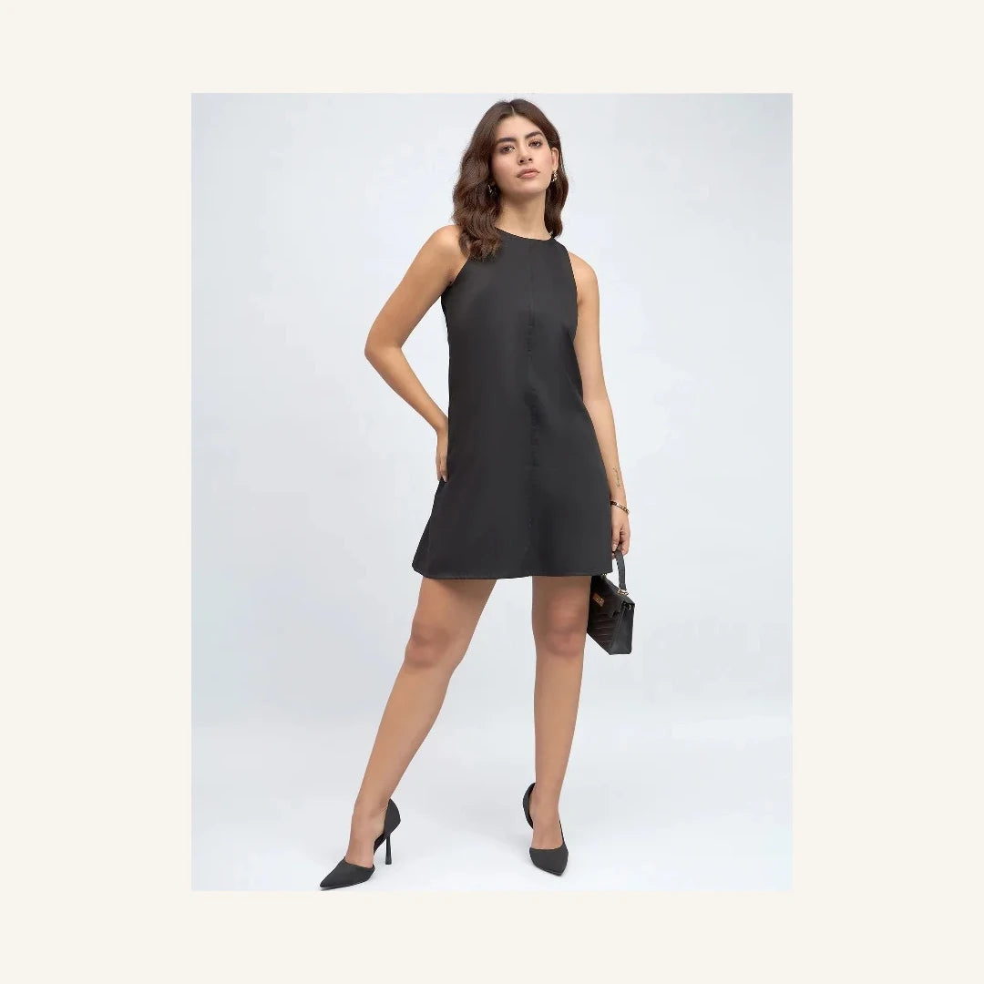 black sleeveless round neck a-line mini dress for women