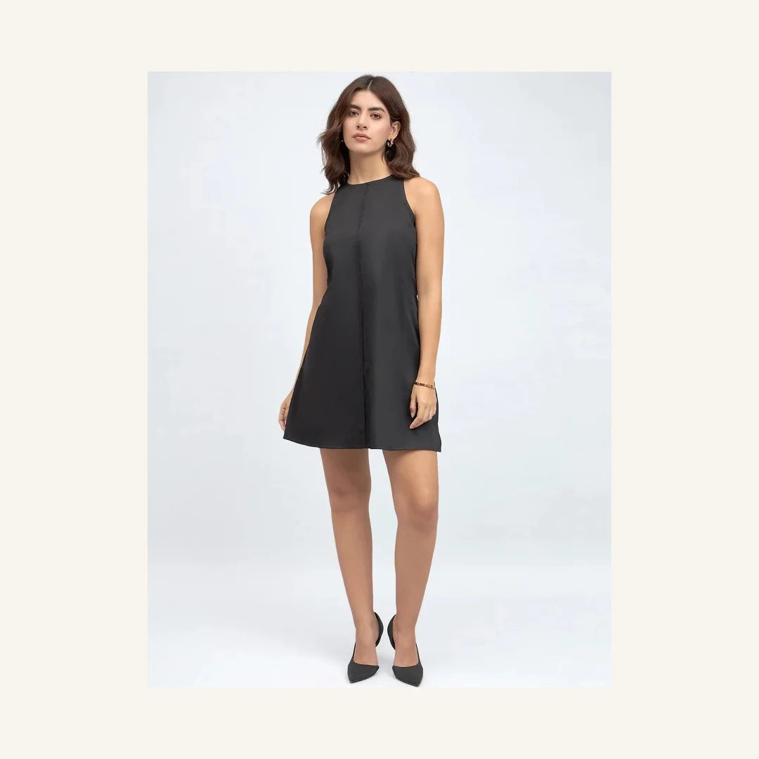 black sleeveless round neck a-line mini dress for women