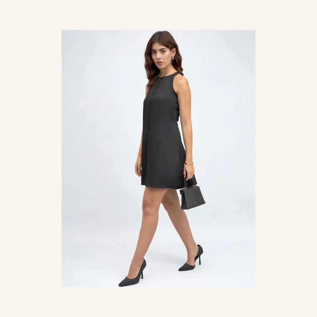 black sleeveless round neck a-line mini dress for women