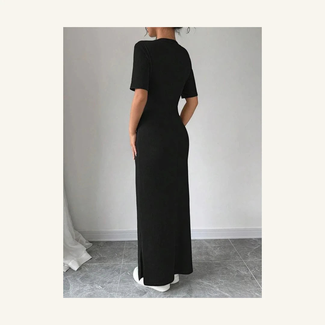 black solid round neck short sleeve bodycon midi dress for women