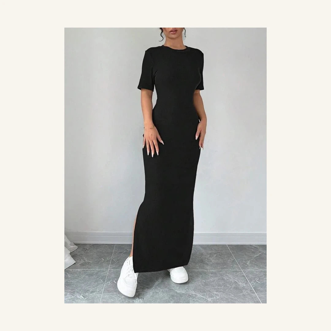 black solid round neck short sleeve bodycon midi dress for women