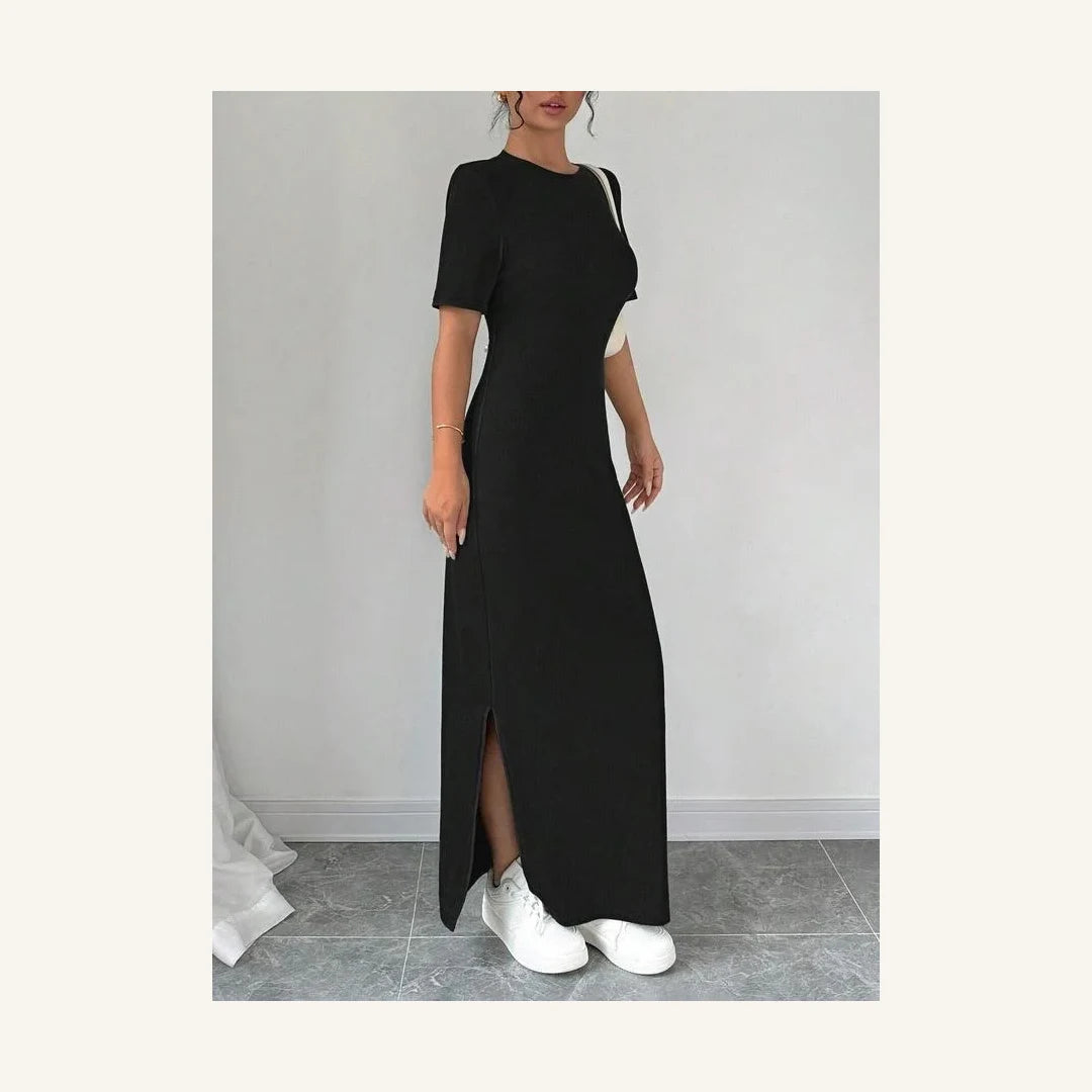 black solid round neck short sleeve bodycon midi dress for women