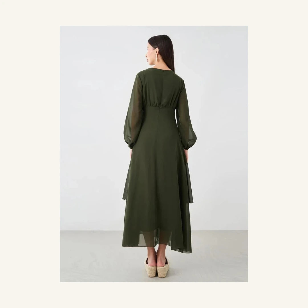 olive green gathered detail round neck long sleeve maxi dress for women