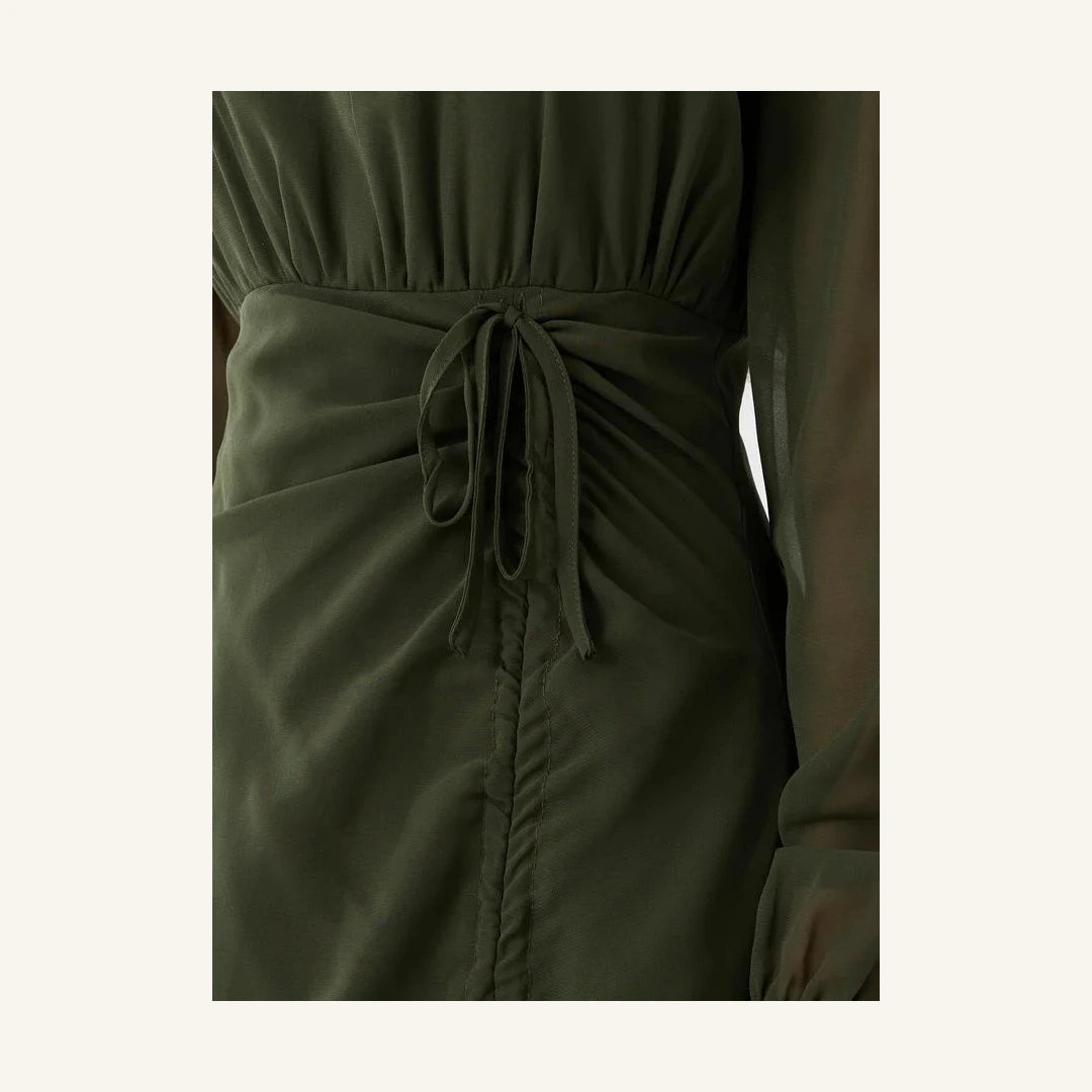 olive green gathered detail round neck long sleeve maxi dress for women