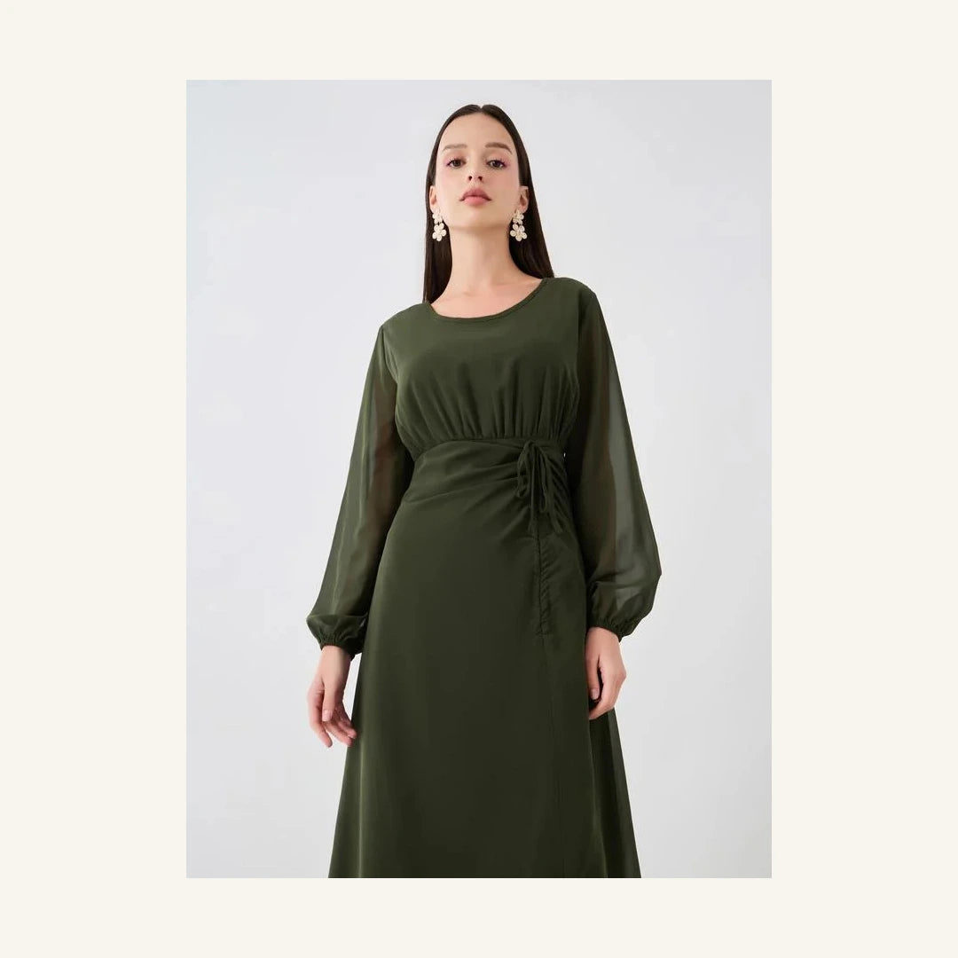 olive green gathered detail round neck long sleeve maxi dress for women