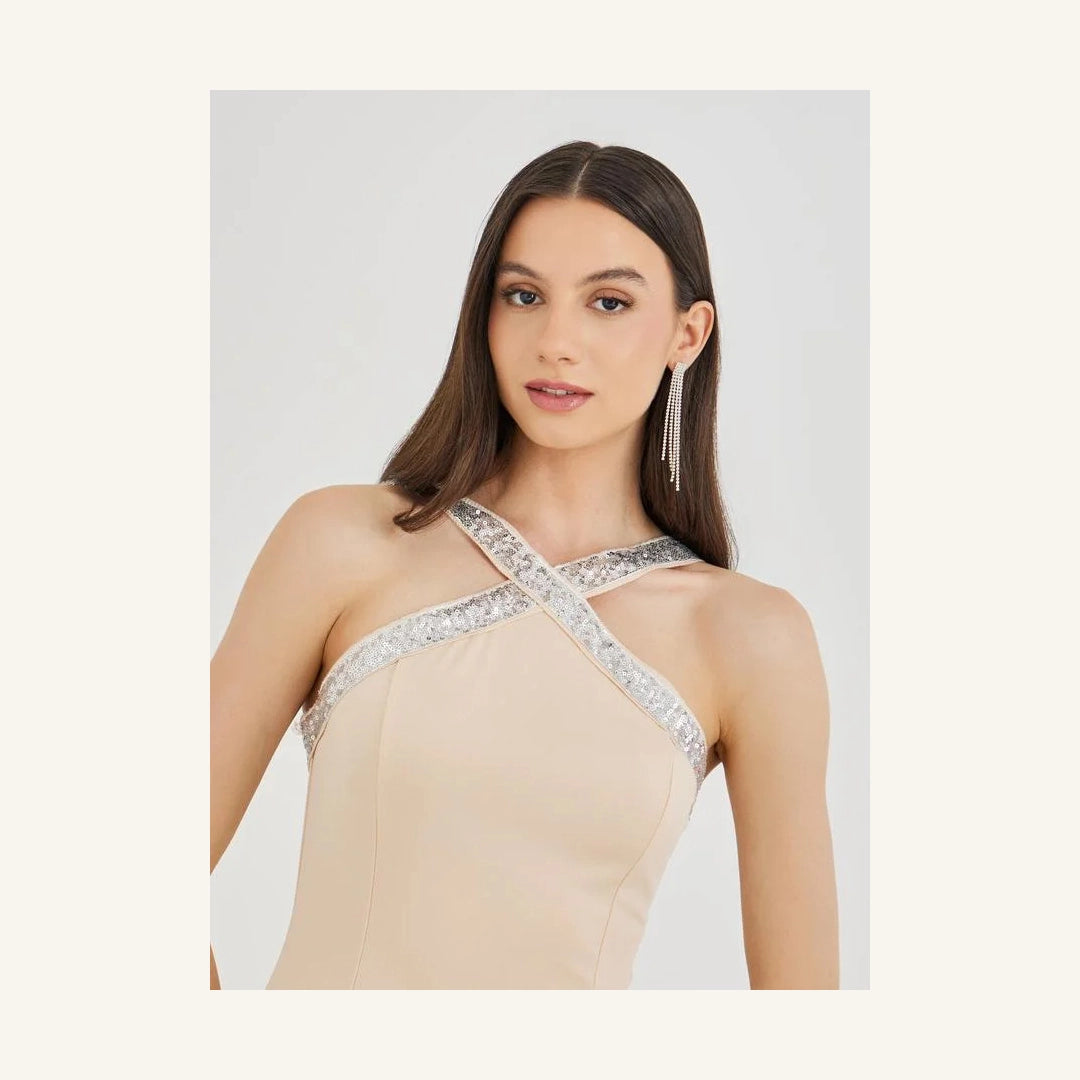 pale peach embellished sleeveless a-line maxi dress with halter neck