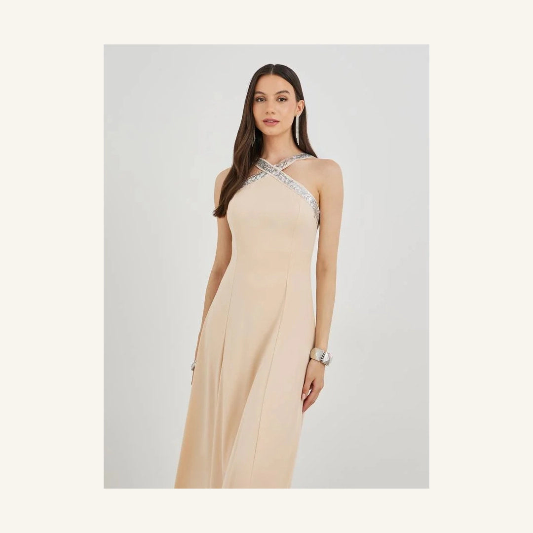 pale peach embellished sleeveless a-line maxi dress with halter neck