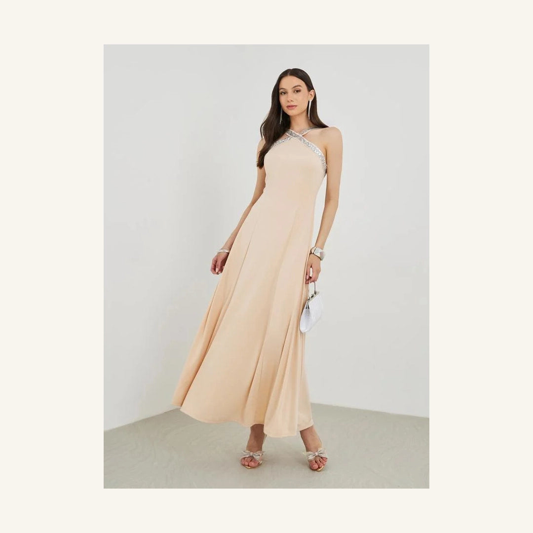 pale peach embellished sleeveless a-line maxi dress with halter neck