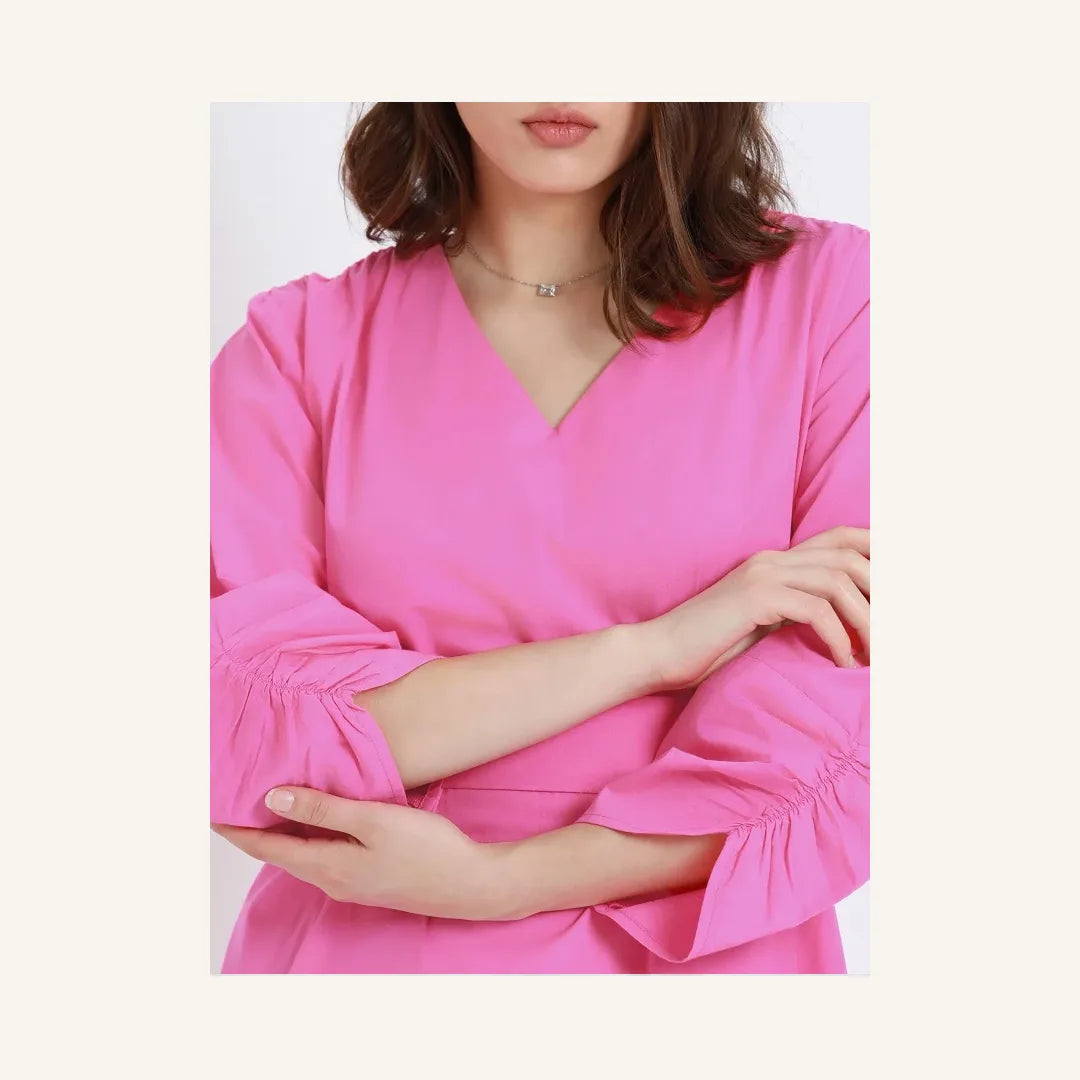 hot pink ruched sleeve mini dress with v-neck and cinched waist