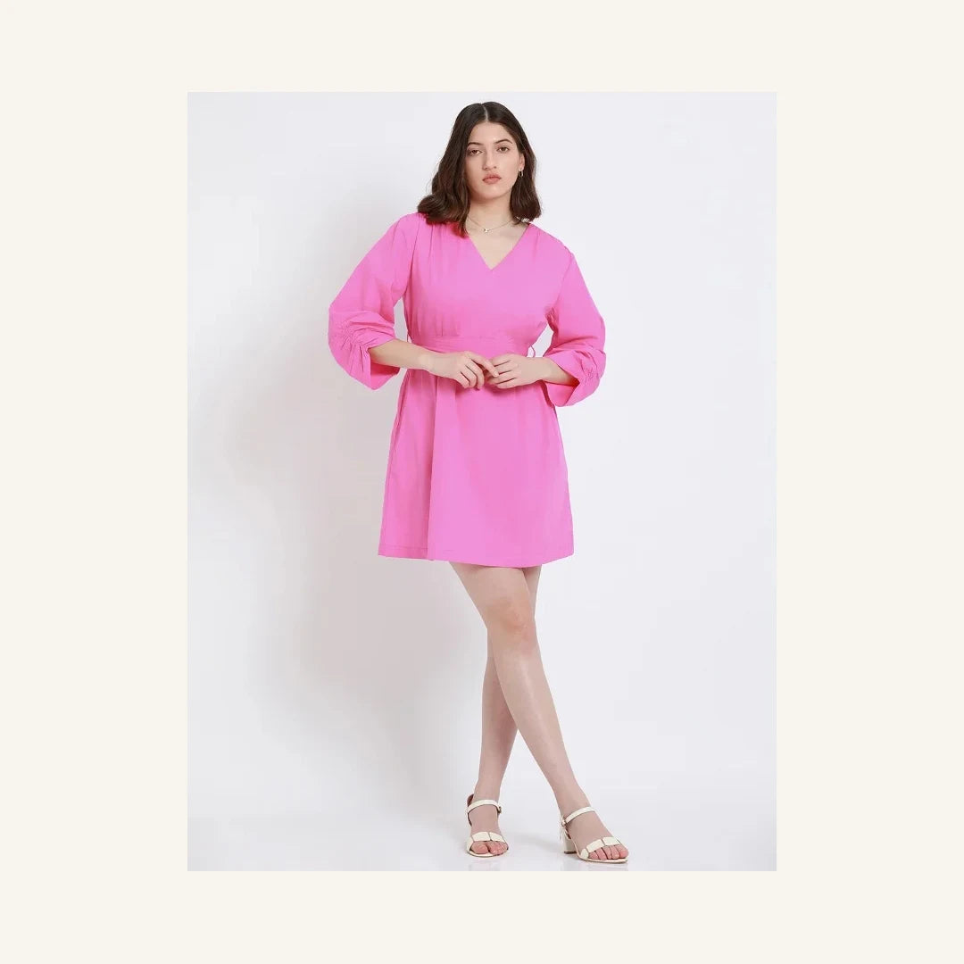 hot pink ruched sleeve mini dress with v-neck and cinched waist