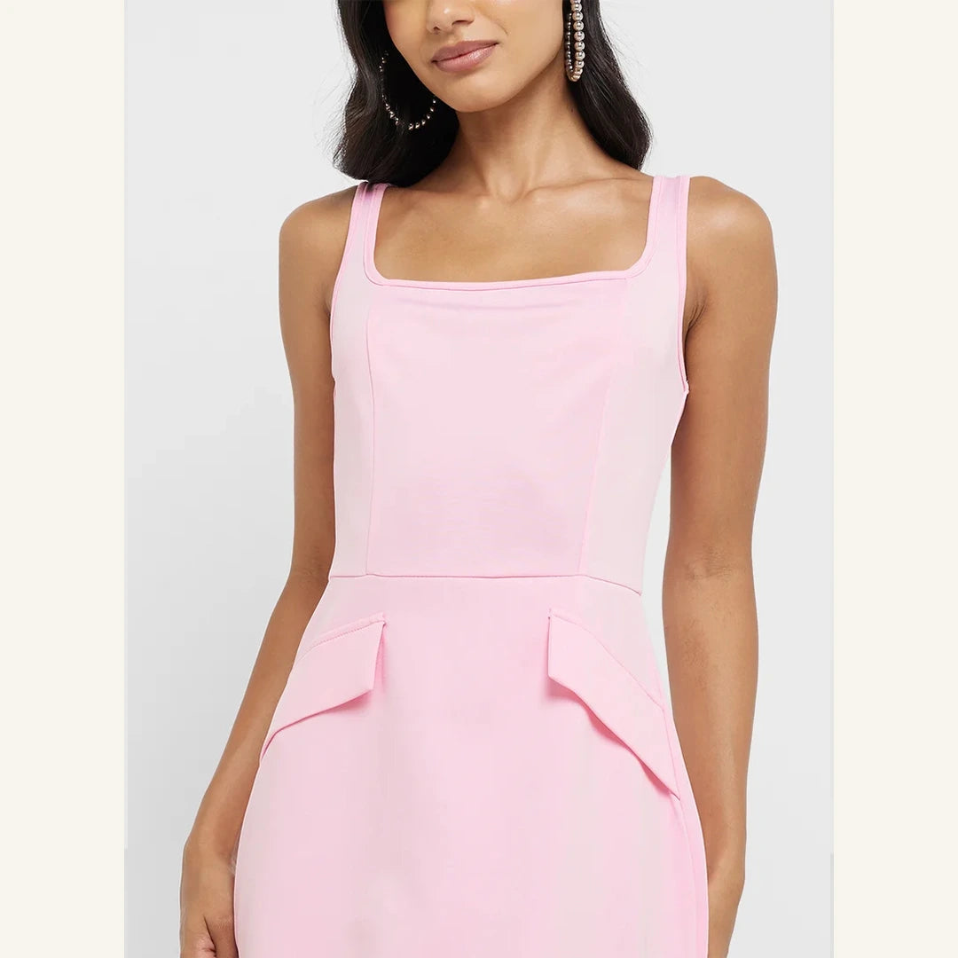 pink sleeveless mini shift dress with square neckline