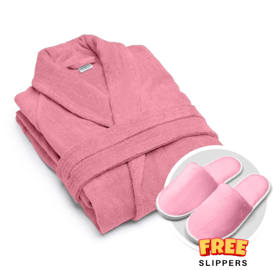 Premium 100% Pure Cotton Terry Bathrobe with Pockets, 5 Colors One Size Fits All with Free Bath Slippers