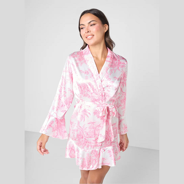 Ginger Pink Satin Printed Robe with Belt – Luxury Women’s Loungewear