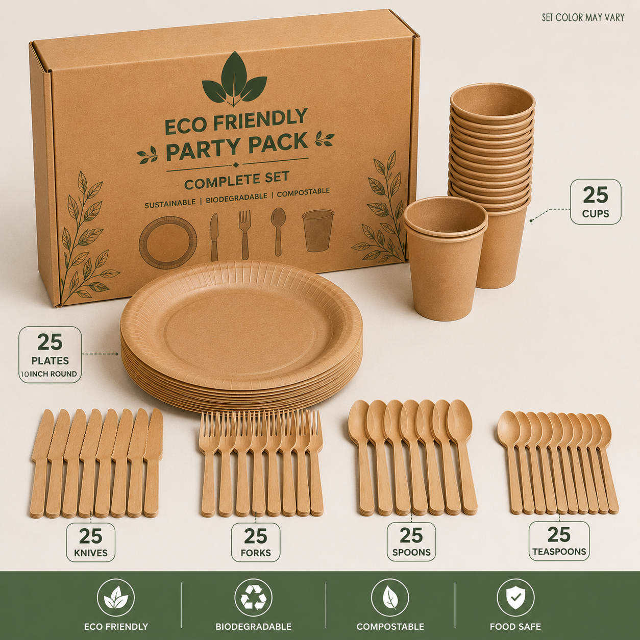 Eco-Friendly Party Pack Set (25 Plates, 25 Cups, 25 Spoons, 25 Forks, 25 Knives) | Biodegradable Disposable Tableware