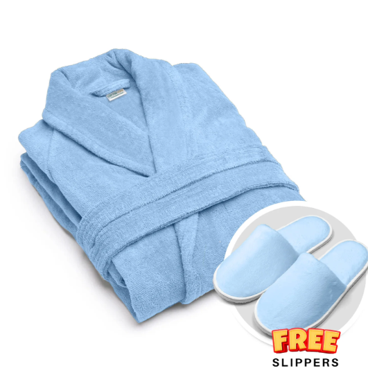 Premium 100% Pure Cotton Terry Bathrobe with Pockets, 5 Colors One Size Fits All with Free Bath Slippers