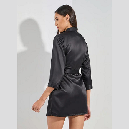 Styli Solid Satin Belted Robe – Black Comfort Fit Sleepwear for Women