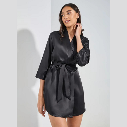 Styli Solid Satin Belted Robe – Black Comfort Fit Sleepwear for Women