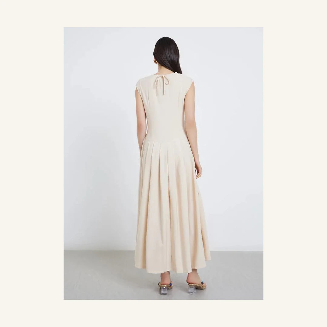 light beige sleeveless pleated a-line maxi dress for women