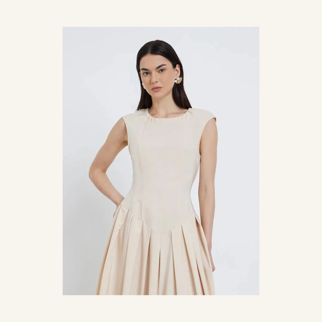 light beige sleeveless pleated a-line maxi dress for women