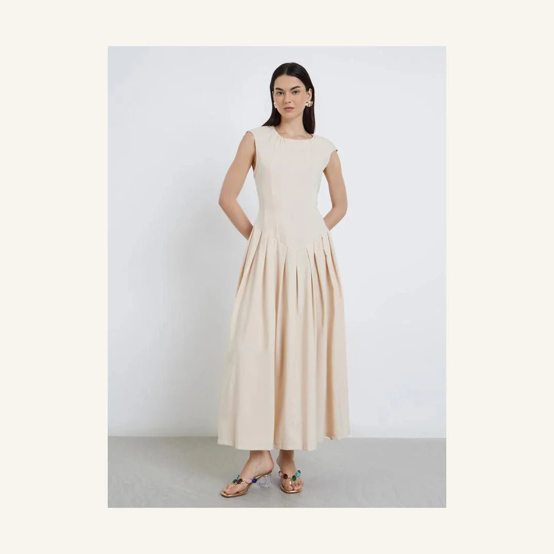 light beige sleeveless pleated a-line maxi dress for women