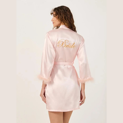 Satin Bride Nightdress with Feather Trim – Pink & White Luxury Wedding Night Sleepwear