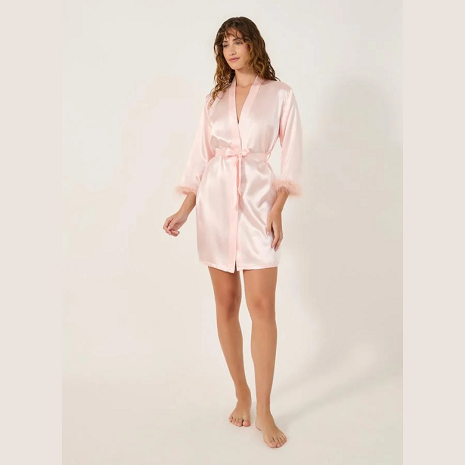 Satin Bride Nightdress with Feather Trim – Pink & White Luxury Wedding Night Sleepwear