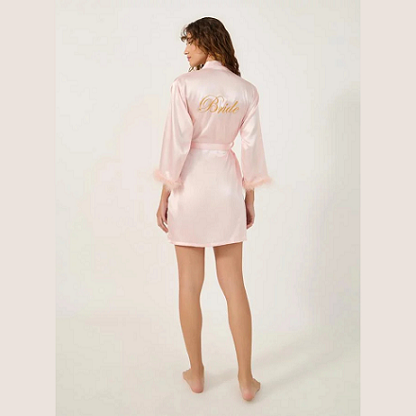 Satin Bride Nightdress with Feather Trim – Pink & White Luxury Wedding Night Sleepwear