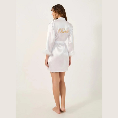 Satin Bride Nightdress with Feather Trim – Pink & White Luxury Wedding Night Sleepwear