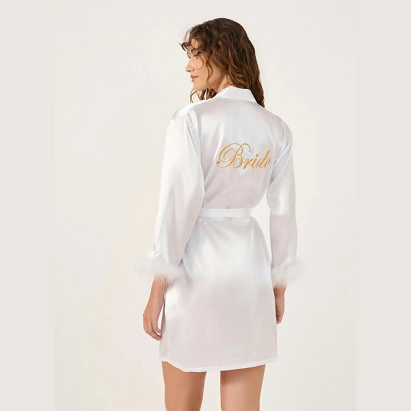 Satin Bride Nightdress with Feather Trim – Pink & White Luxury Wedding Night Sleepwear