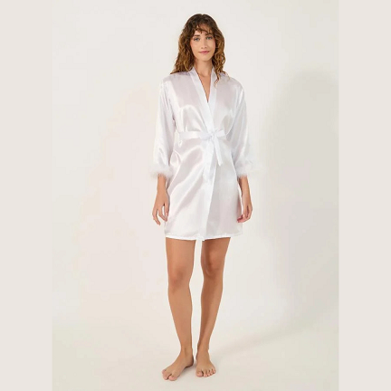 Satin Bride Nightdress with Feather Trim – Pink & White Luxury Wedding Night Sleepwear