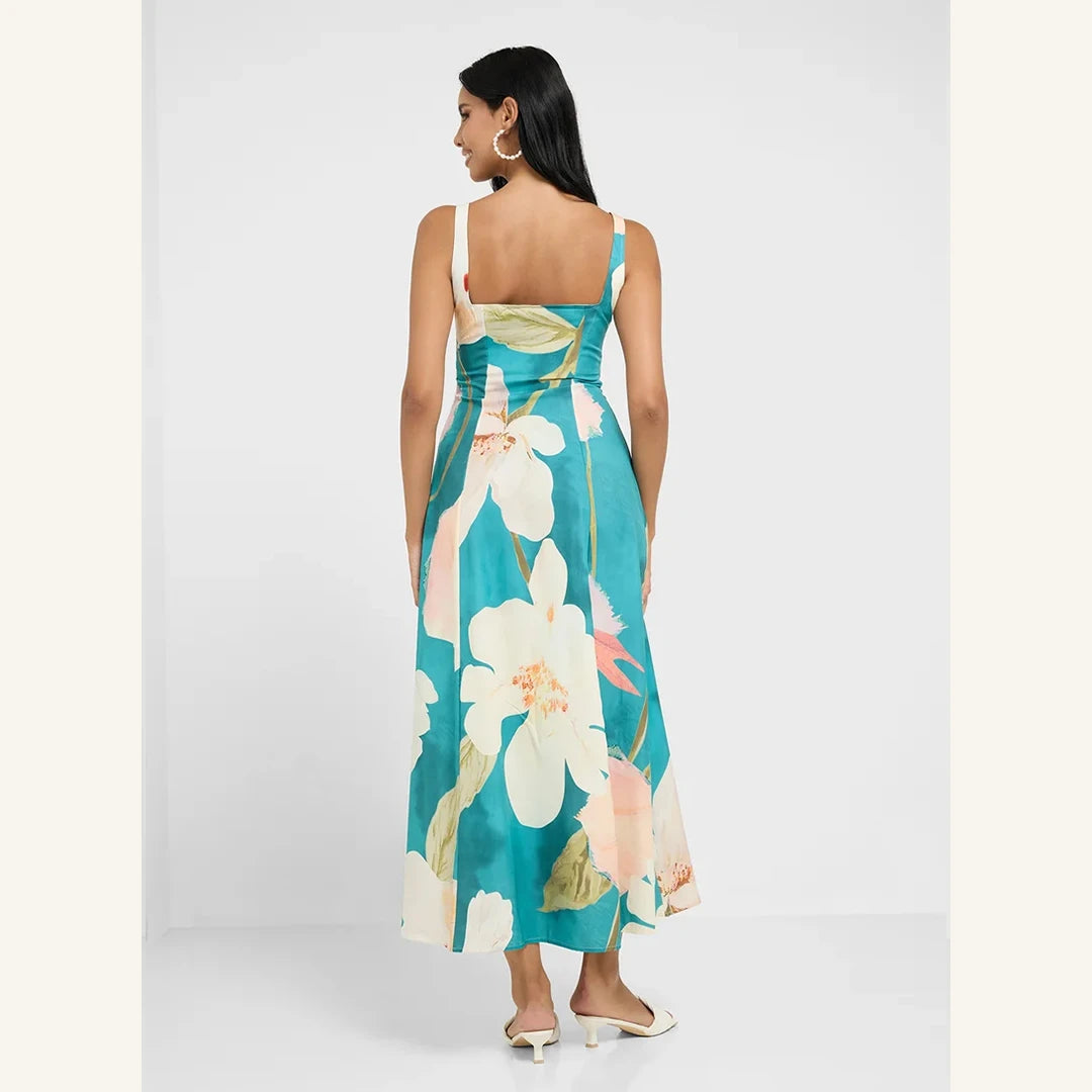 teal floral sleeveless midi dress with square neck and fit and flare style