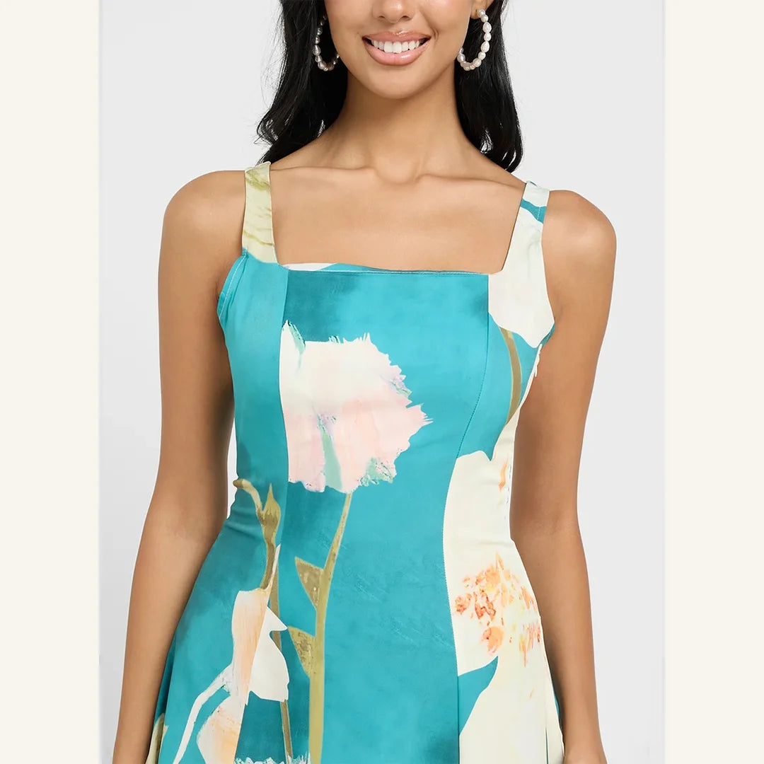 teal floral sleeveless midi dress with square neck and fit and flare style
