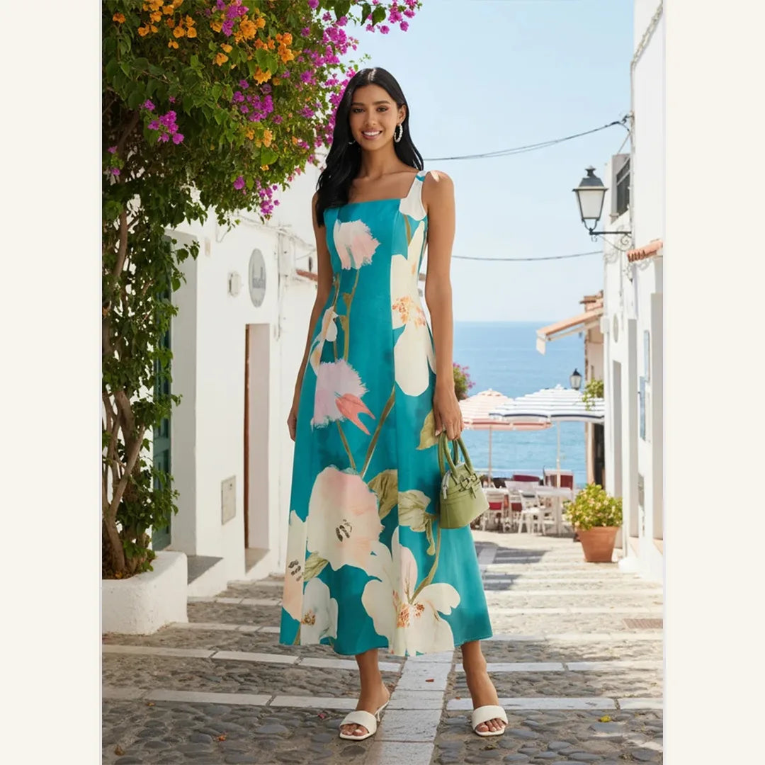 teal floral sleeveless midi dress with square neck and fit and flare style
