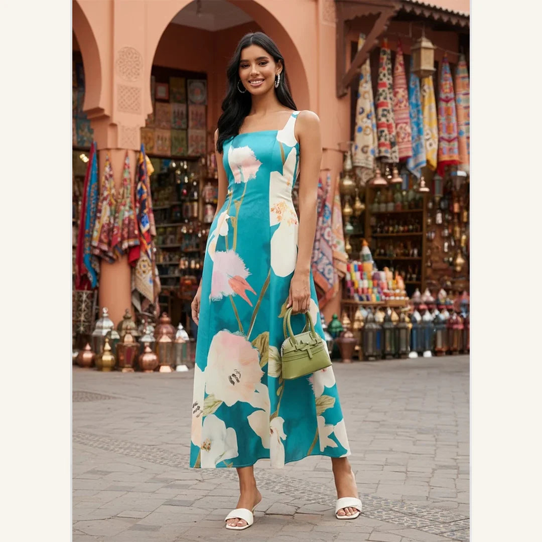 teal floral sleeveless midi dress with square neck and fit and flare style