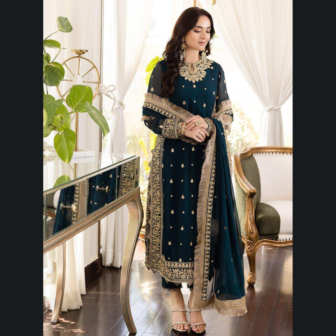 Organic Pakistani Pure The Royal Touch - Blue Unstitched Embroidered Chiffon Suit with Silk Trouser Wholesale Price for Dealers & Resellers