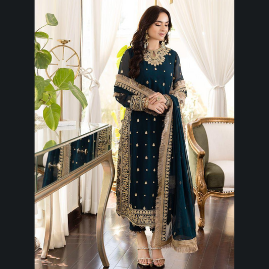 Organic Pakistani Pure The Royal Touch - Blue Unstitched Embroidered Chiffon Suit with Silk Trouser Wholesale Price for Dealers & Resellers