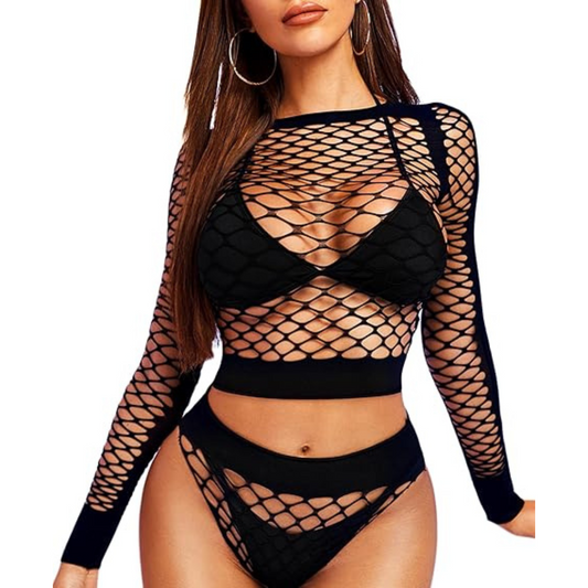 Women’s Long Sleeve Lingerie – Sexy Mesh Fishnet See-Through Bodysuit
