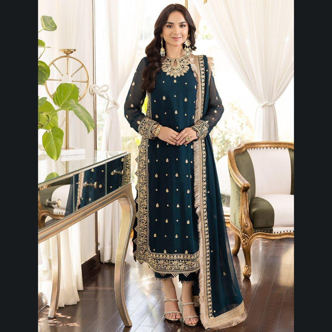 Organic Pakistani Pure The Royal Touch - Blue Unstitched Embroidered Chiffon Suit with Silk Trouser Wholesale Price for Dealers & Resellers