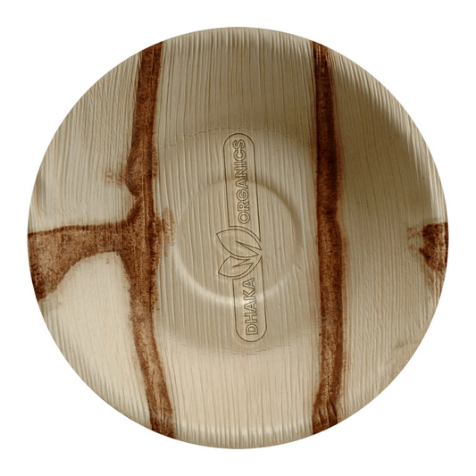 25 PCs of 7″ Round Palm Leaf Saucer Plate – Eco-Friendly, Biodegradable & Durable Tableware Size: 7 Inch Shape: Round with Saucer Center Color: Natural Light Brown with Unique Palm Leaf Grain and Rustic Stripes Category: Plates