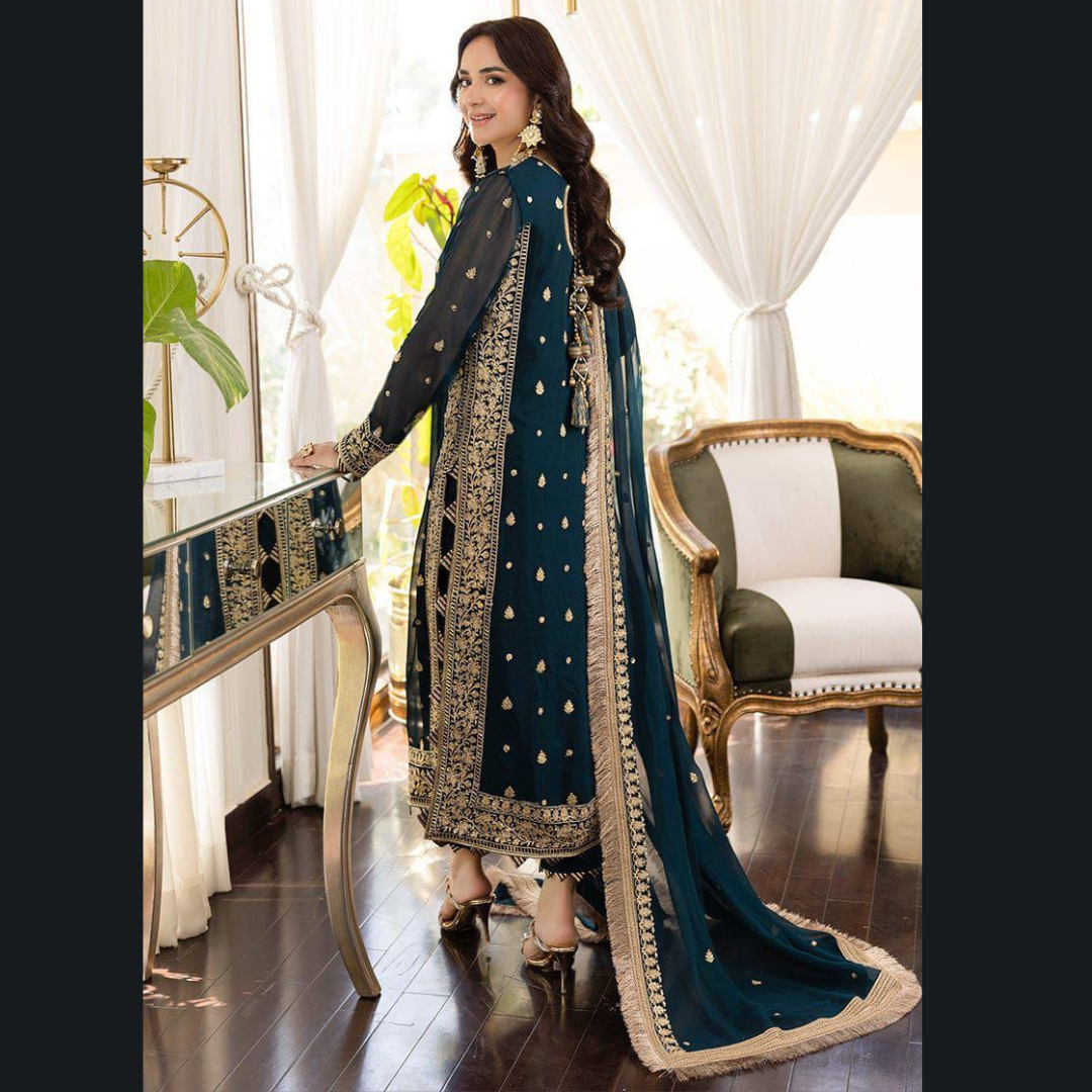 Organic Pakistani Pure The Royal Touch - Blue Unstitched Embroidered Chiffon Suit with Silk Trouser Wholesale Price for Dealers & Resellers