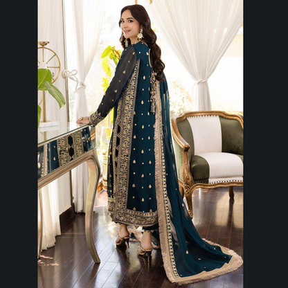 Organic Pakistani Pure The Royal Touch - Blue Unstitched Embroidered Chiffon Suit with Silk Trouser Wholesale Price for Dealers & Resellers