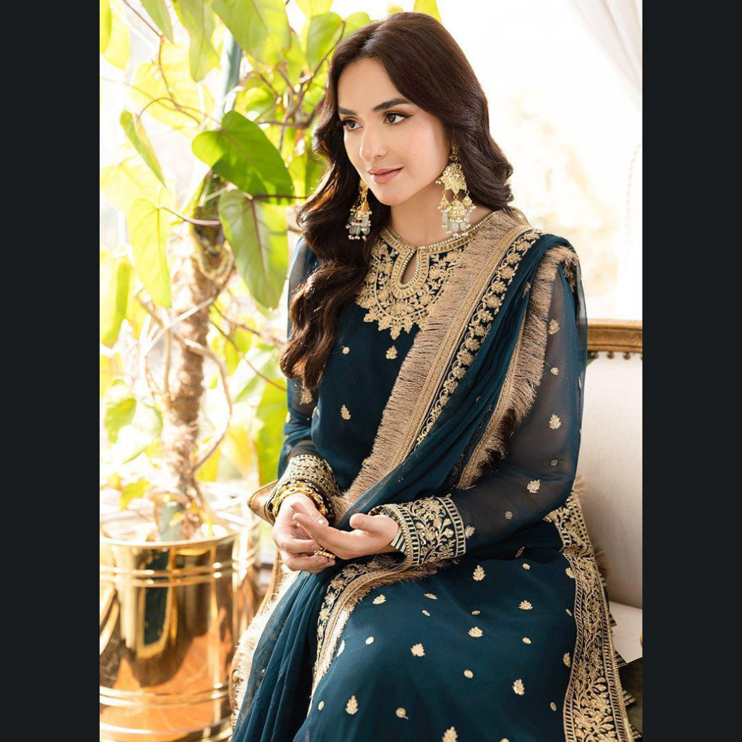 Organic Pakistani Pure The Royal Touch - Blue Unstitched Embroidered Chiffon Suit with Silk Trouser Wholesale Price for Dealers & Resellers